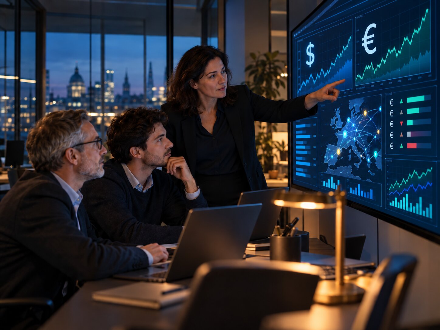 Fraud and financial crime analysts reviewing a case together at a display
